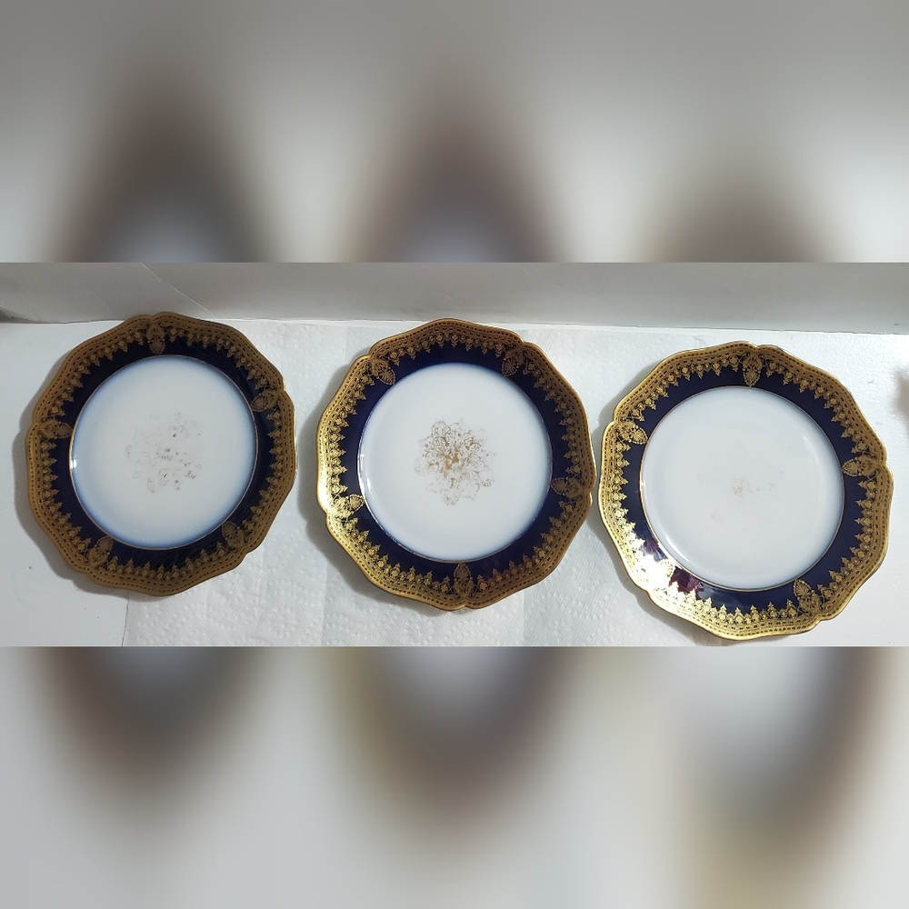 3 - Antique M Redon Limoges Cobalt & Gold Floral with Medallion Cabinet Plates.